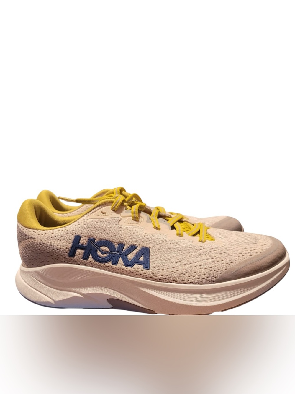 HOKA Rincon 4 Men's Beige Athletic Shoes with Yellow Laces and Navy Logo